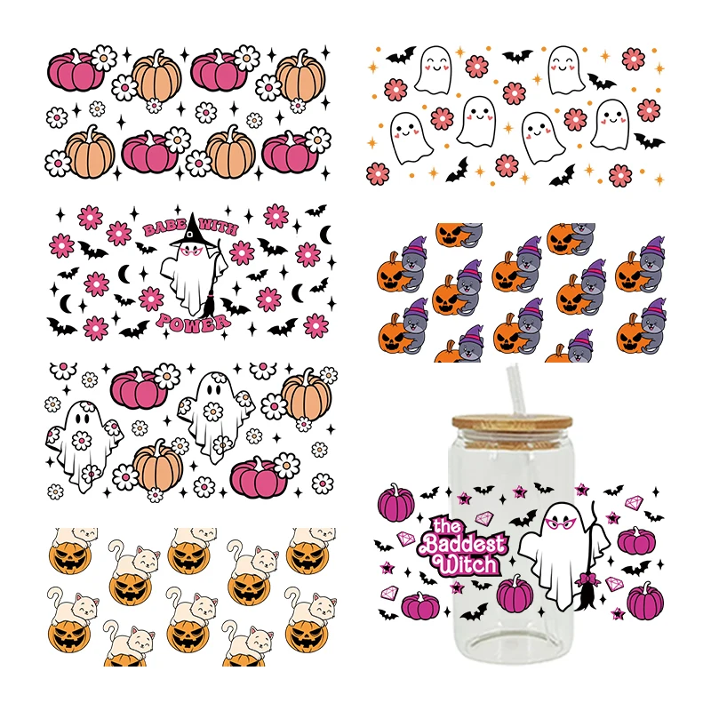 

UV DTF Sublimation Stickers Halloween Ghost Pumpkin Printed For 16oz Libbey Glasses Wraps Bottles Cup Can DIY Waterproof D5534