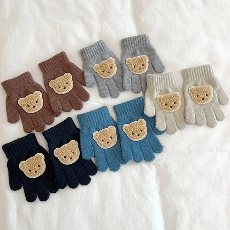 New Children Warm Gloves Autumn Winter Cartoon Bear Baby Five Finger Mittens Students Toddler Writing Cycling Mitten 1-4Y