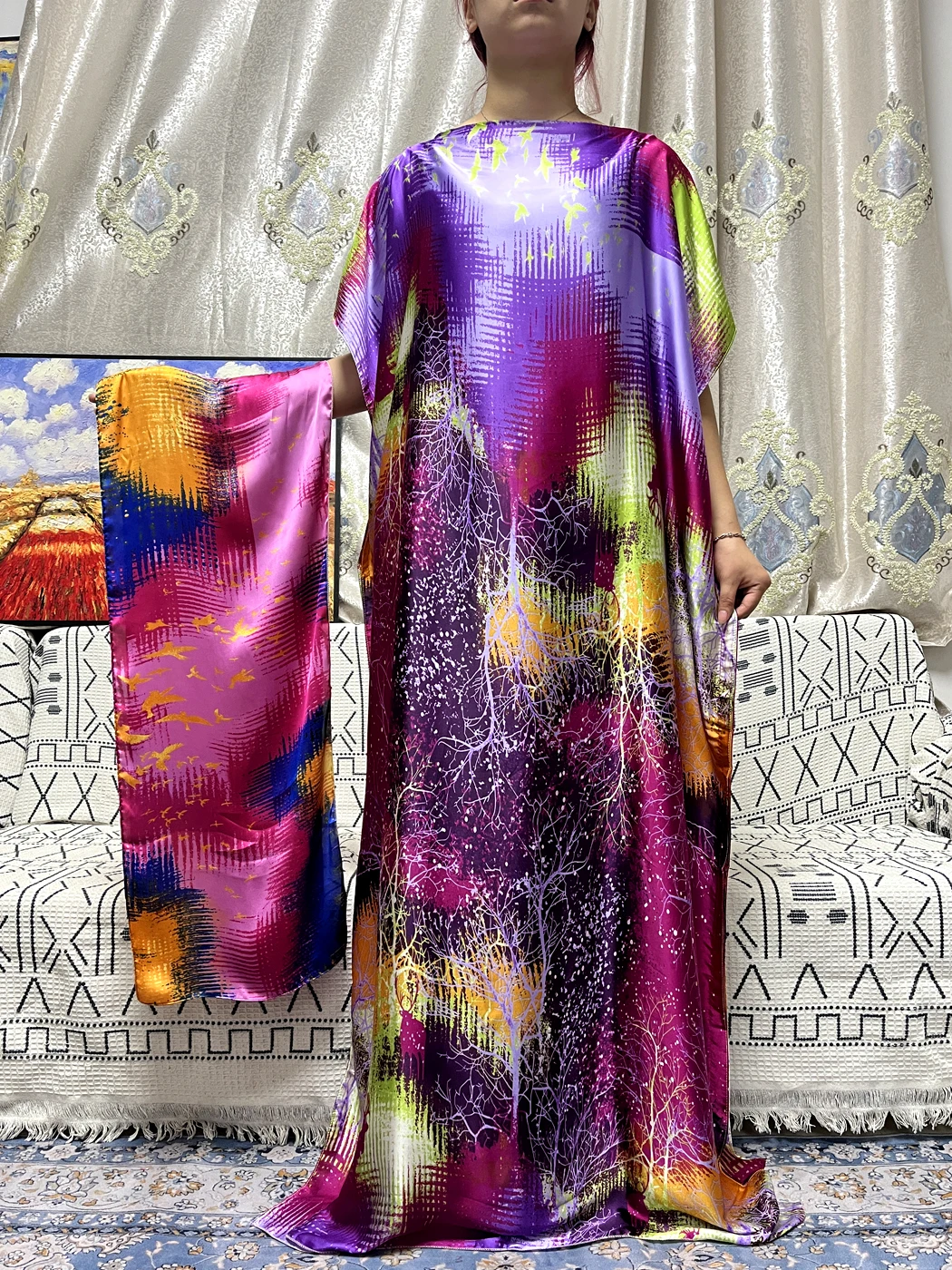 Muslim Abayas For Women 2023 Colour Silk Stains Sets Loose Femme Robe Turkey Islam African Party Dresses With Hijabs Turban Belt