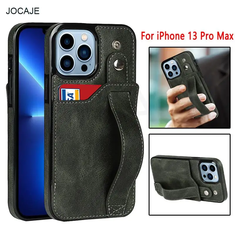 

business leather wristband Stand phone case for iphone 13 mini 12 11 pro max xr 7 8 plus wallet card slot shockproof back cover