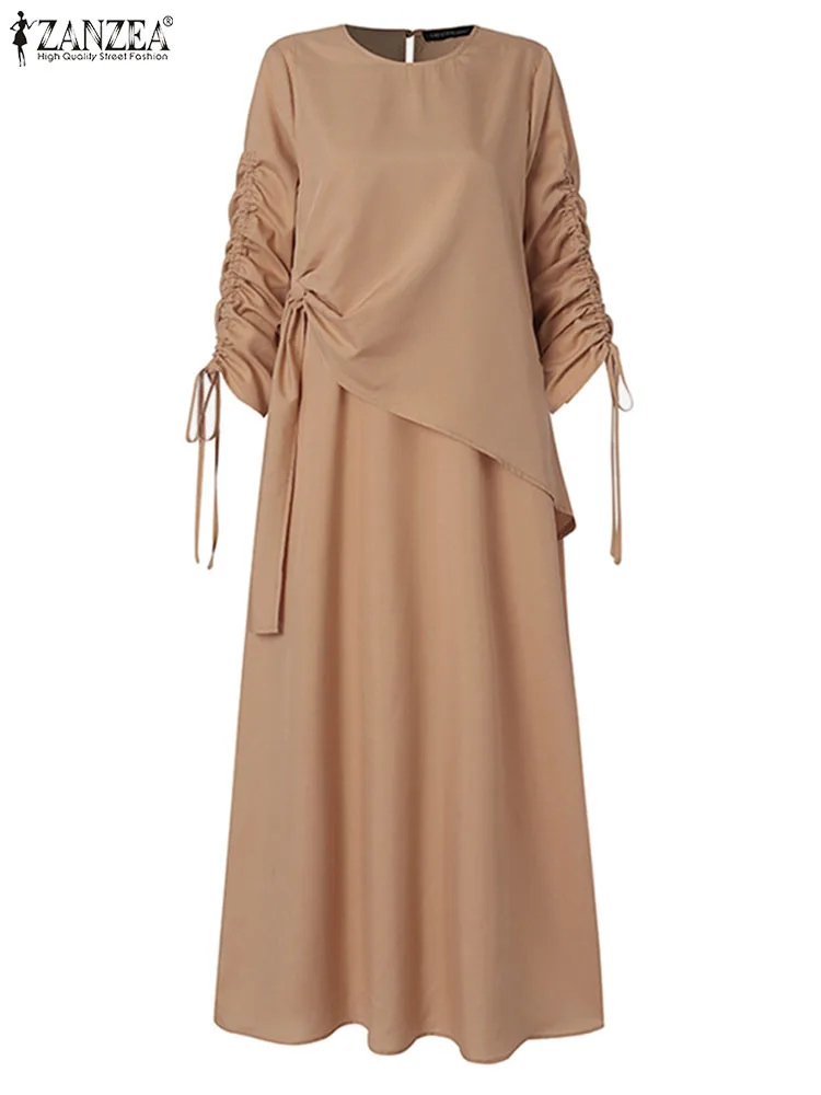  - ZANZEA Fashion Autumn Dress Women Long Sleeve Drawstring Solid Kaftan Muslim Sundress Robe Femme Abaya Vestidos Caftan Marocain