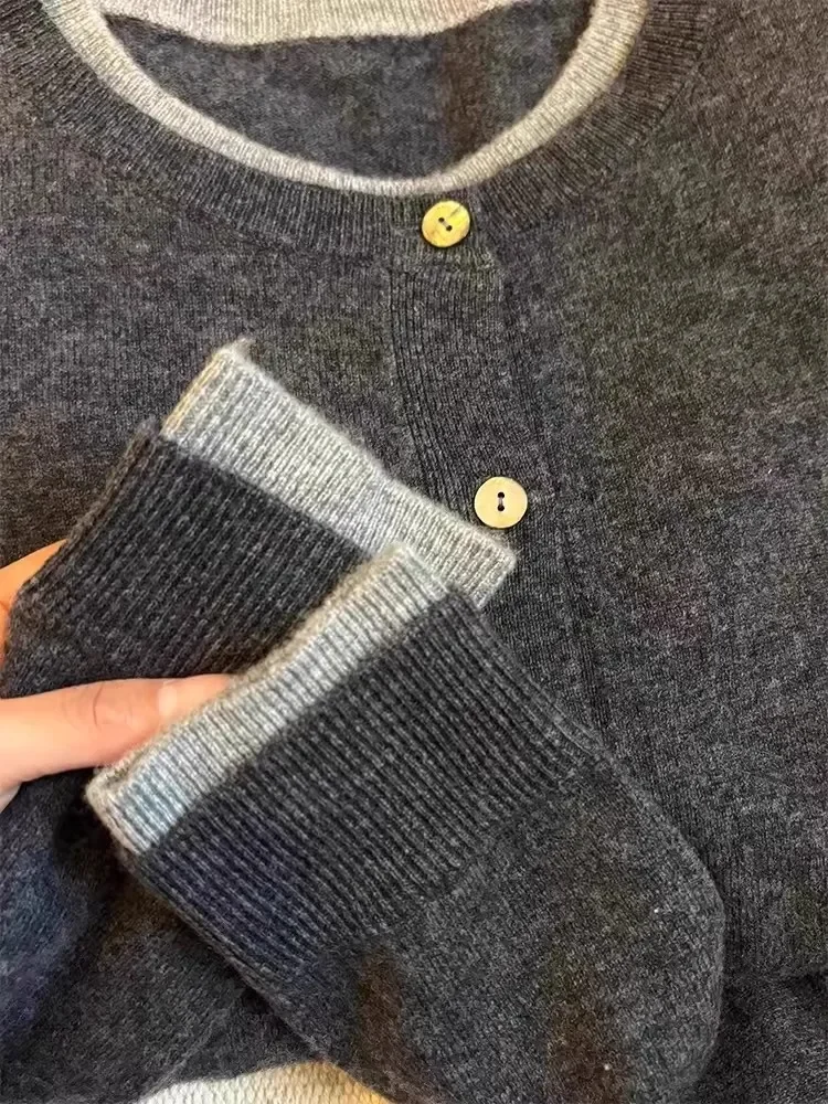 Fake Two 100% Pure Cashmere Sweater Cardigan Dark Grey High-grade Wool Knit Coat Top 3