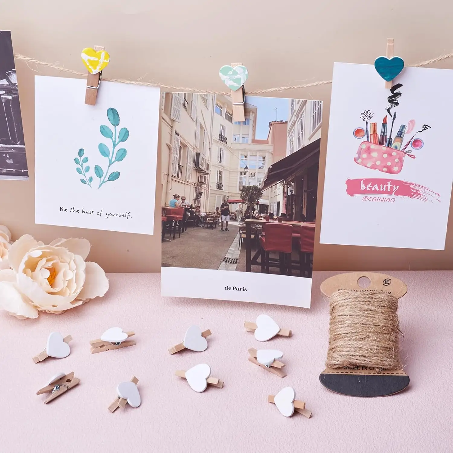 50 Stück weiße Herz-Wäscheklammern aus Holz für Fotopapier, Bastelklammern für Papier, Fotodisplay, zum Aufhängen, für Zuhause, Party, Hochzeit, Dekoration – Detail 1