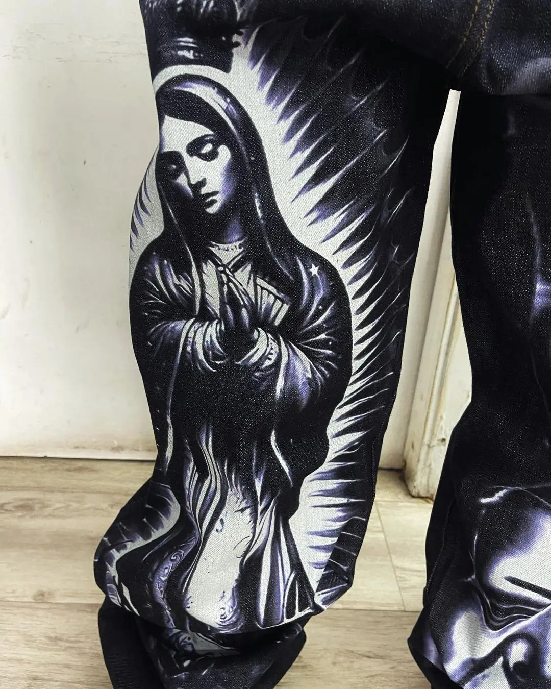 Harajuku retro jeans religion watermark loose slouchy jeans men women y2k gothic skateboard pants streetwear hip hop