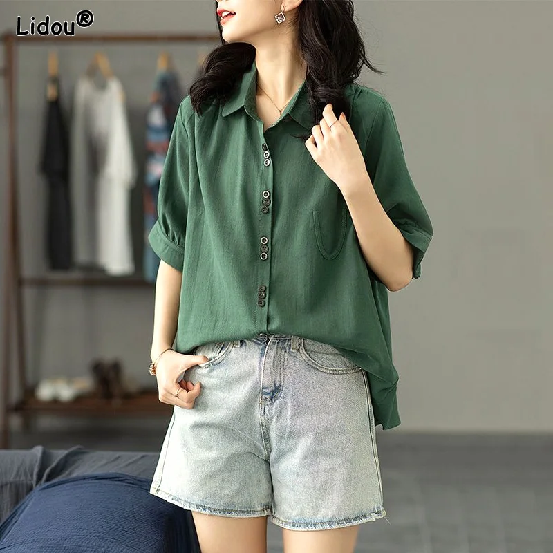 

Blouses Solid Button Simplicity Turn-down Collar Loose Straight Fashion Casual Spring Summer Elbow Sleeve Women's Clothing 2023