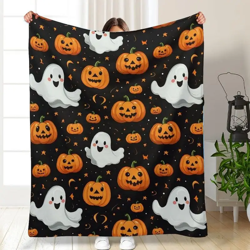 Cute Pumpkin Ghost Flannel Throw Blanket
