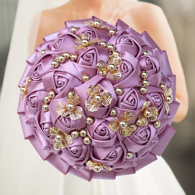 

1pc/lot Purple bride wedding bouquet with rhinestone pearl for wedding party