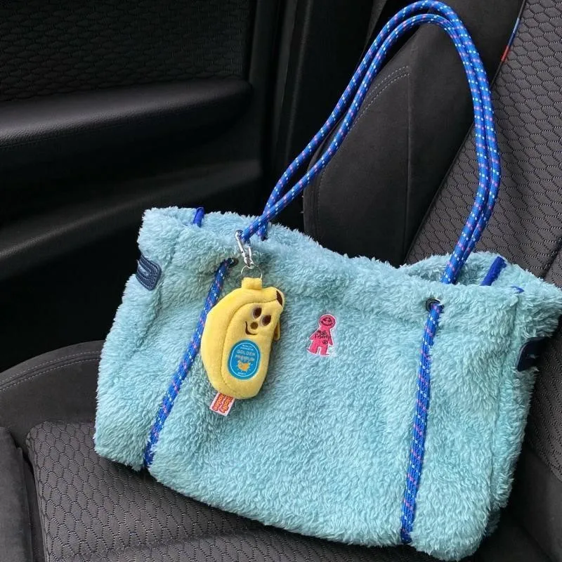 Cute Color Block Faux Shearling Tote Bag Women Plush Large Capacity Panel Shoulder Bags Ladies Cartoon Embroidered Underarm Bag