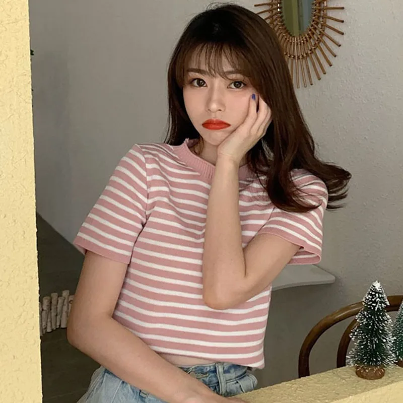 

Korean Style Casual O Neck Striped Short Sleeve Slim Knitted T-Shirt Blue