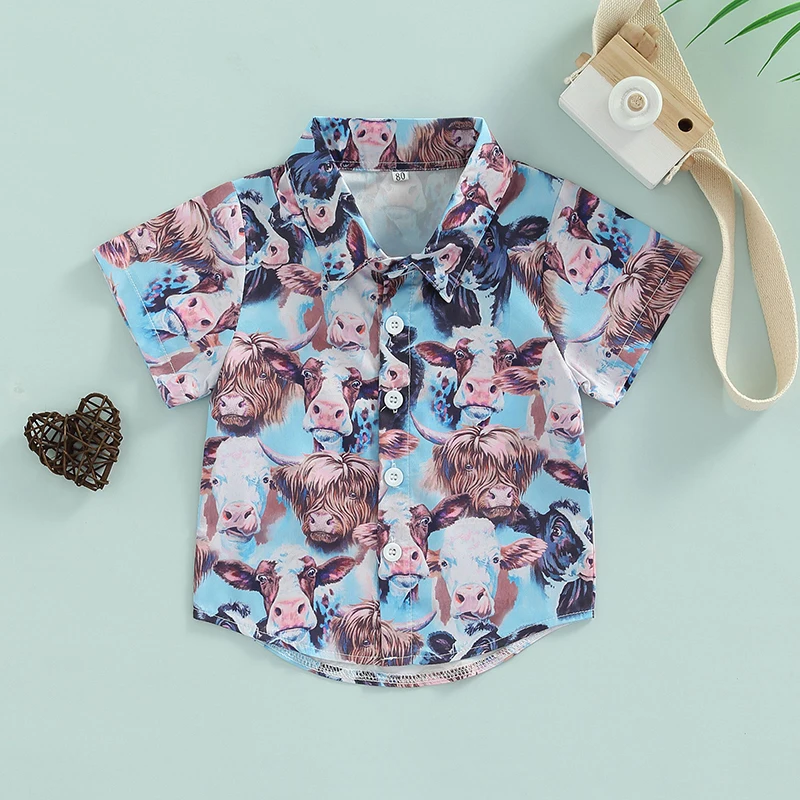 FOCUSNORM 1-5Y Summer Causal Kids Boys Shirts Tops 5 Colors Cartoon Printed Lapel Neck Short Sleeve Single Breasted Clothes boys short sleeve shirts