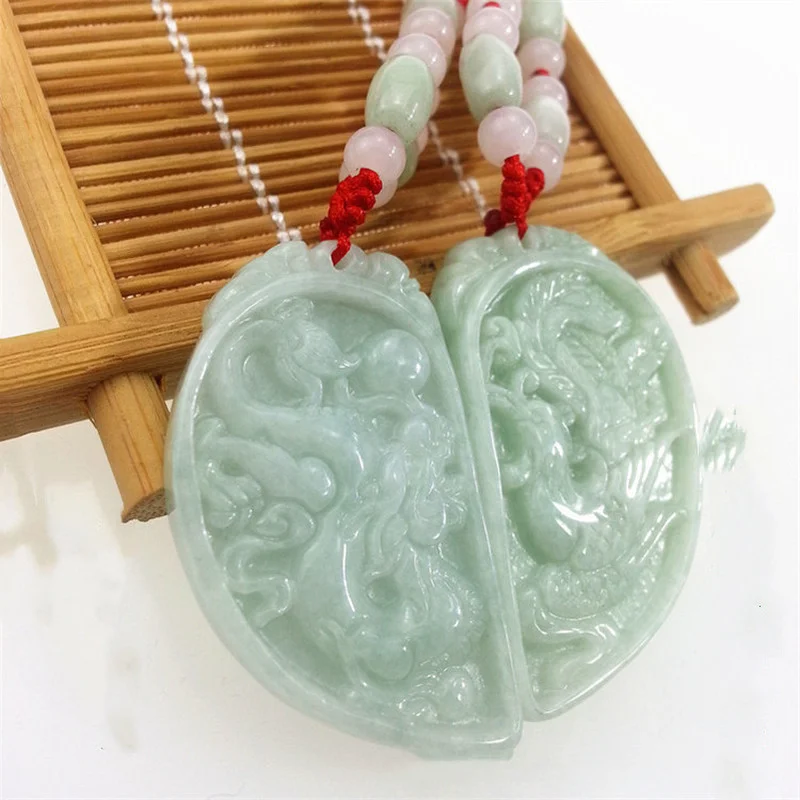 Natural Jade Myanmar Jade Dragon and Phoenix with A Pair of Pendants Fashion Pendants for Men and Women