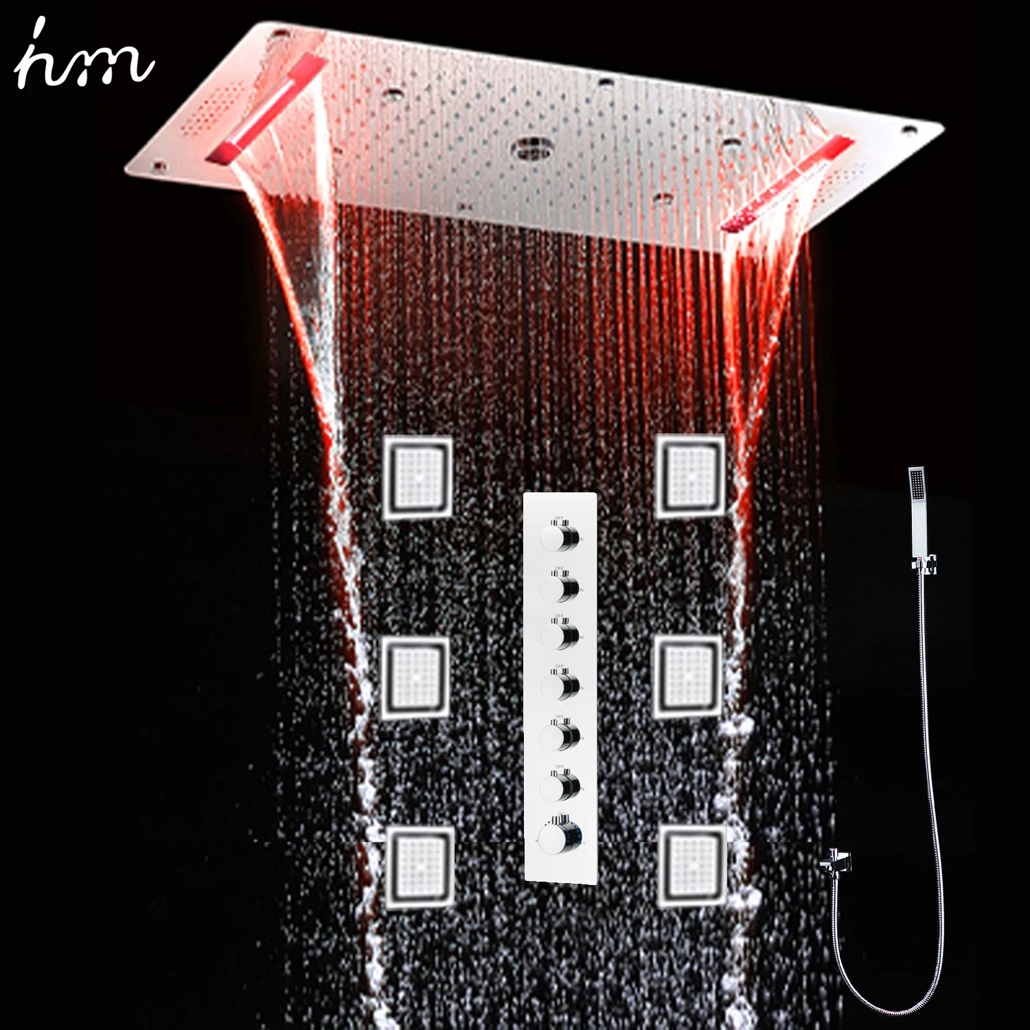 hm Music Thermostatic Shower System Set 800x380MM Multi Functions Ceiling LED Shower Head Thermostatic Mixer Valve Lateral Jets