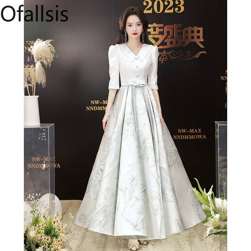 

Ofallsis White Half Sleeve V neck High End Evening Dress 2024 Spring New French Banquet Style Slim Host Dresses Female Vestidos