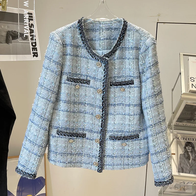 

Winter Vintage Blue Plaid Wool Coat Women 2022 Luxury Designer Fleece Jaqueta Feminina Ladies Outwear Jackets Coats