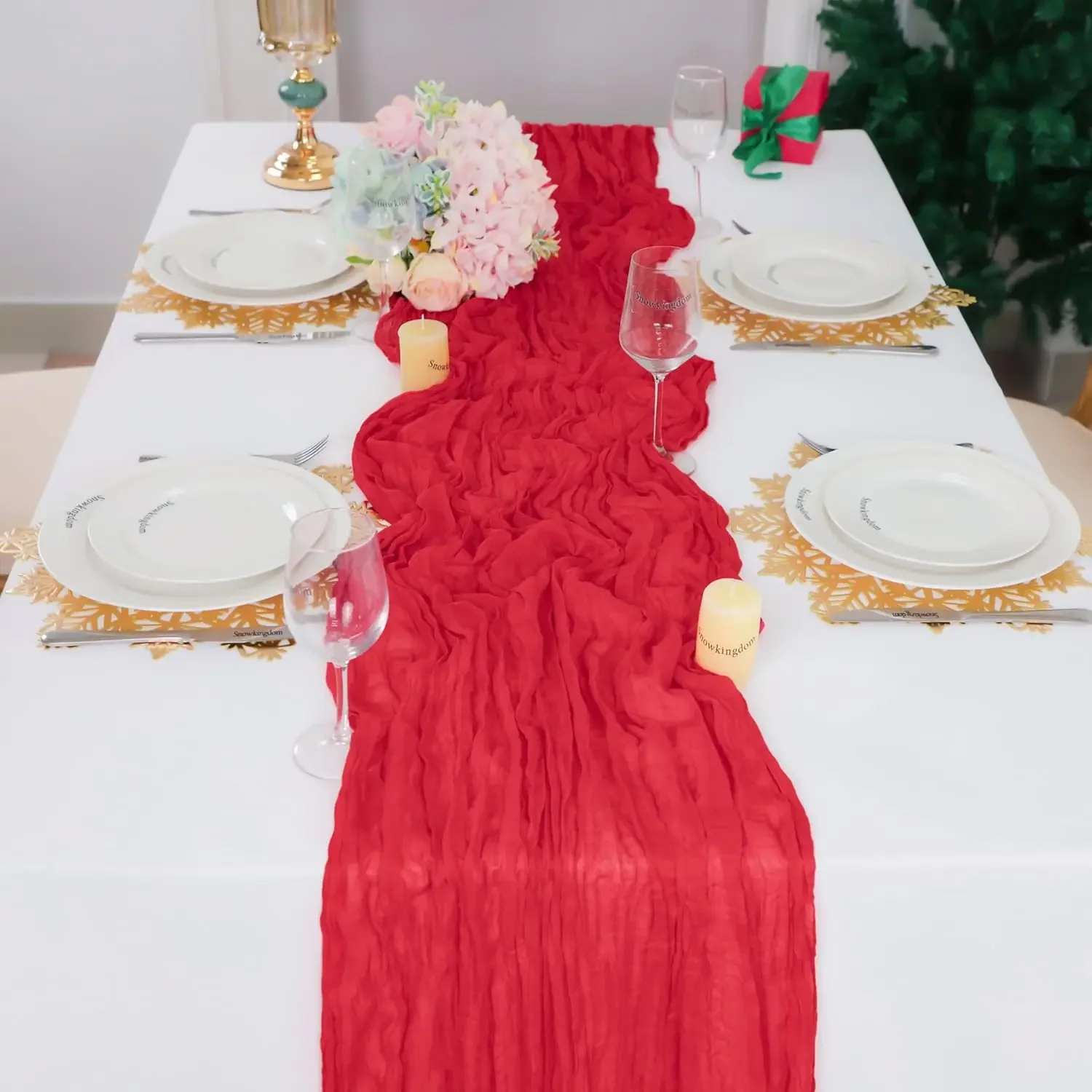 1.8/3/4M Christmas Red Table Runner Polyester Cheesecloth Valentine Long Decorations Wedding Party Banquets Bridal Baby Shower 3