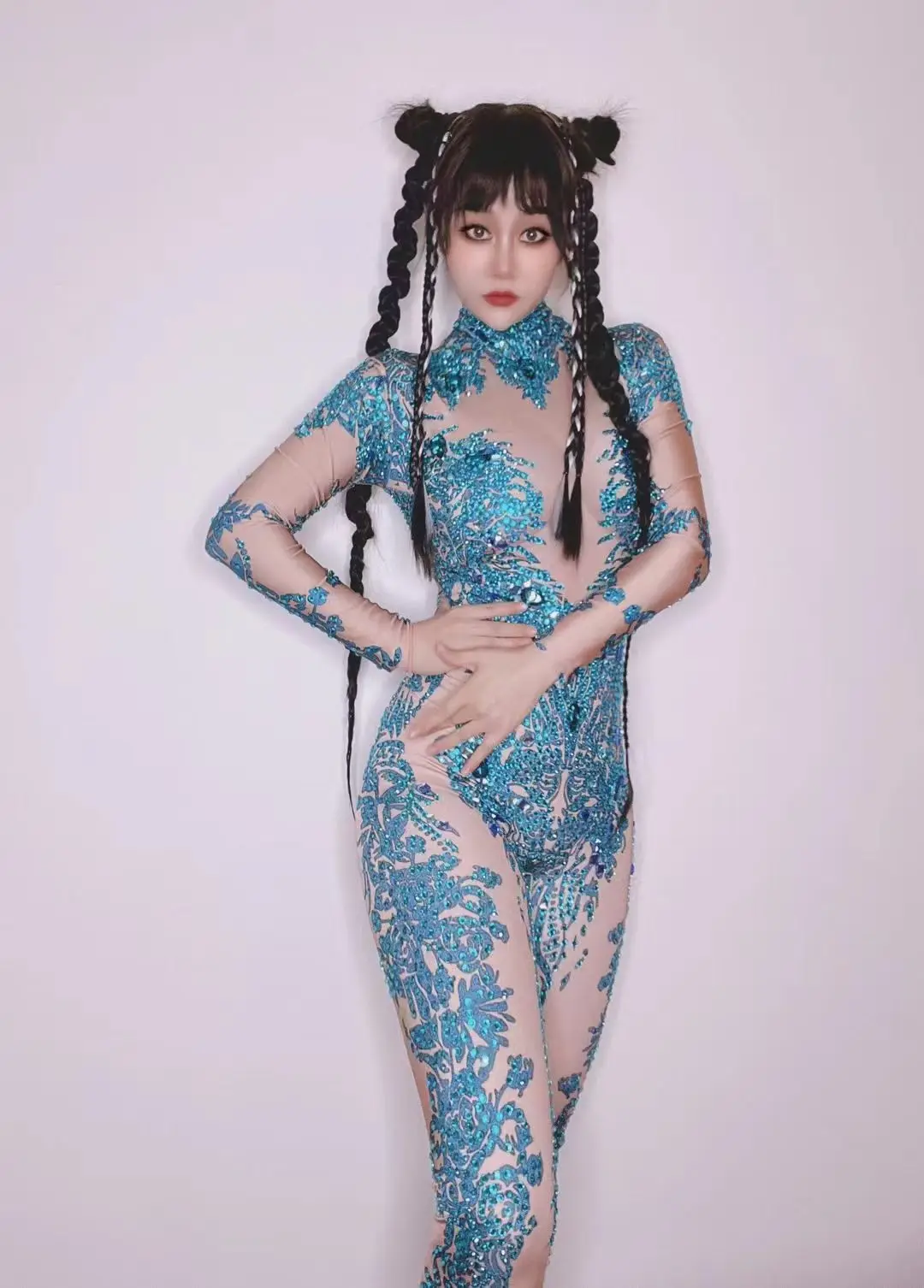 

IN STOCK High Qulity Sparkly Diamond Azure Blue Color Sheath Jumpsuit Nightclub Singer DJ Performance Costume Dancer Stage Wear