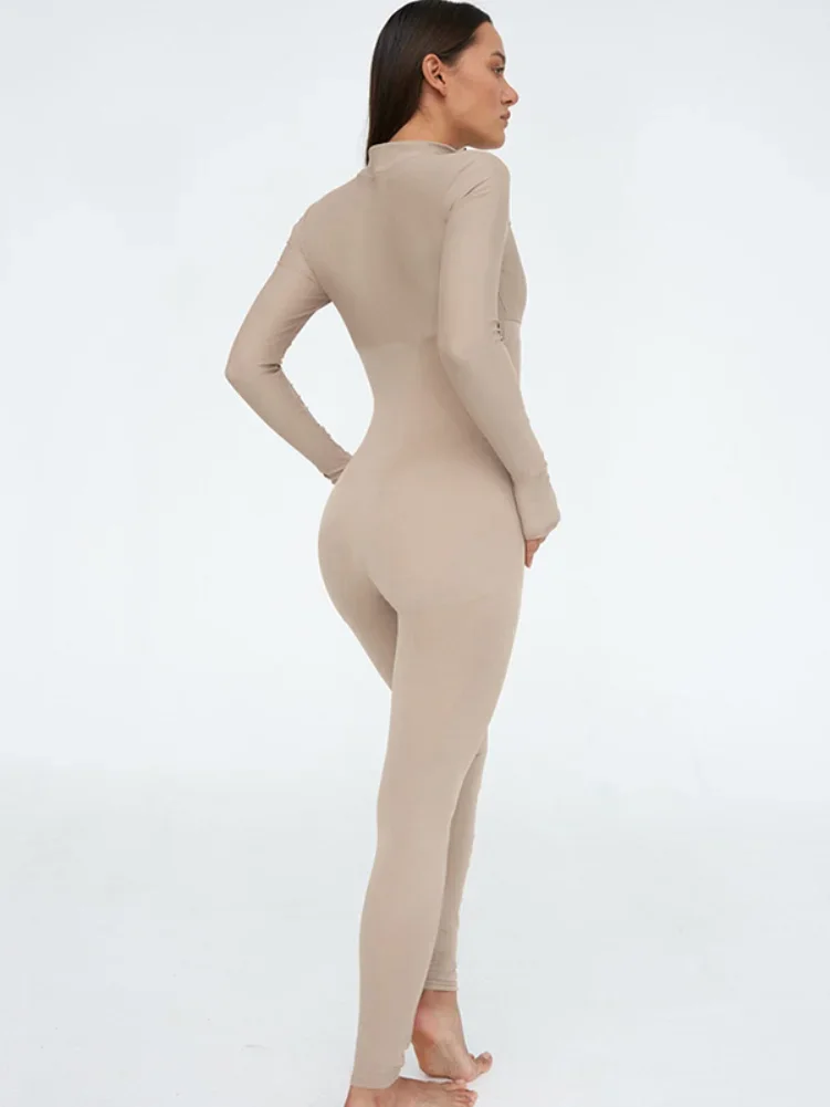 2024 Spring Sexy Elegant Women Zip-up O-neck Long Sleeve Jumpsuit Streetwear Summer Overalls One Piece Fitness Sports Bodysuits