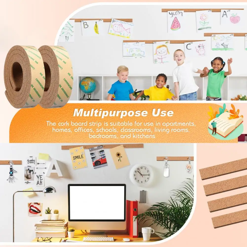 Durable Cork Strips Versatile Cork Bulletin Board Strips for Office Classroom Home Decor Self-adhesive Memo Bar Strip Set