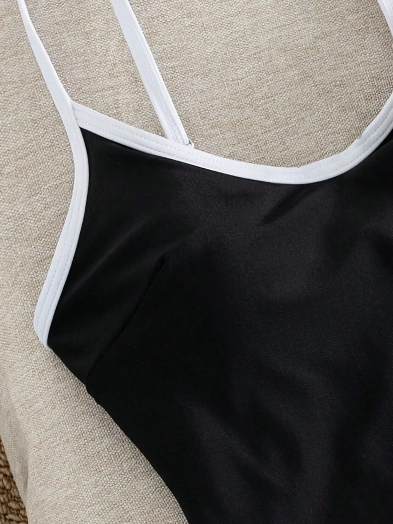 Women's Black One-Piece Swimsuit with White Trim, Low Back High Cut Cheeky Bathing Suit, Summer Beach Swimwear for Vacation 4