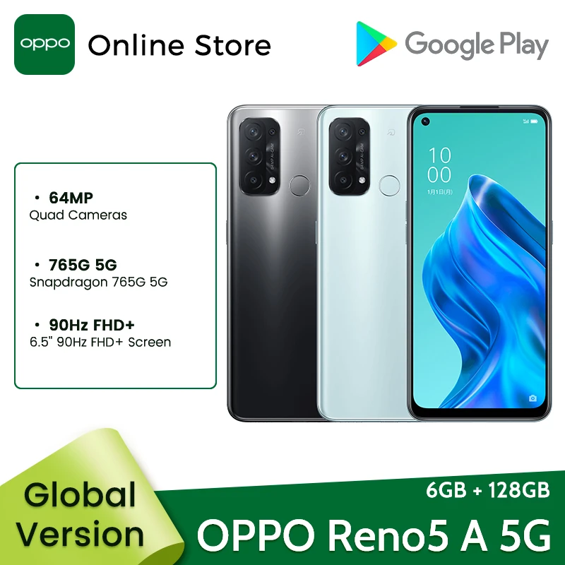 OPPO Reno5 A Global Version 5G Smartphone 6GB 128GB 64MP Quad Cameras  Snapdragon 765G 6.5'' 90Hz FHD+ Screen IP68 Reno 5a Phone
