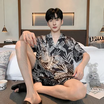 플러스 사이즈 여름 남성 잠옷 세트, 성인 루즈 잠옷, 아이스 실크 프린트, 한국 남성 라운지웨어, 남성 홈웨어, 6XL