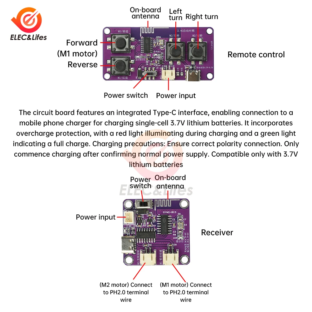 Kit modulo ricevitore telecomando per auto giocattolo ricaricabile a 4 canali 2.4G Interfaccia di tipo C per robot di navi con telecomando senza fili