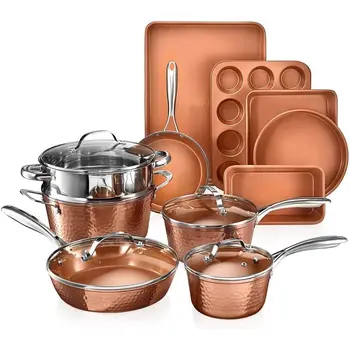 15-Piece Nonstick Cookware Set with Induction-Ready Pots, Pans, Bakeware, and Steamer - Copper 1