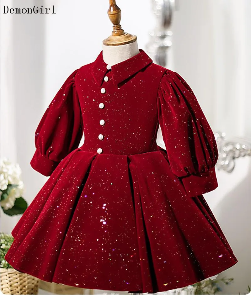 

New Burgundy Velvet Baby Girl Cloth Long Sleeve Dress Christening Princess Dress Infantil Party Costume 1 2 Year Birthday Dress