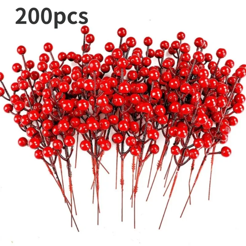 Christmas Decoration Red Fruit Simulation Flower Decor Garland Gift Flower Arrangement DIY Christmas Tree Berry Branches 200PCS artificial plants artificial flowers artificial fruits and vegetables artificial holly berries
