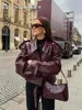 Vintage Zipper Long Sleeve Motor Bicycle Coat Women Braid Lapel Cropped Leather Jacket Chic Casual Retro Loose Street Outerwear 1