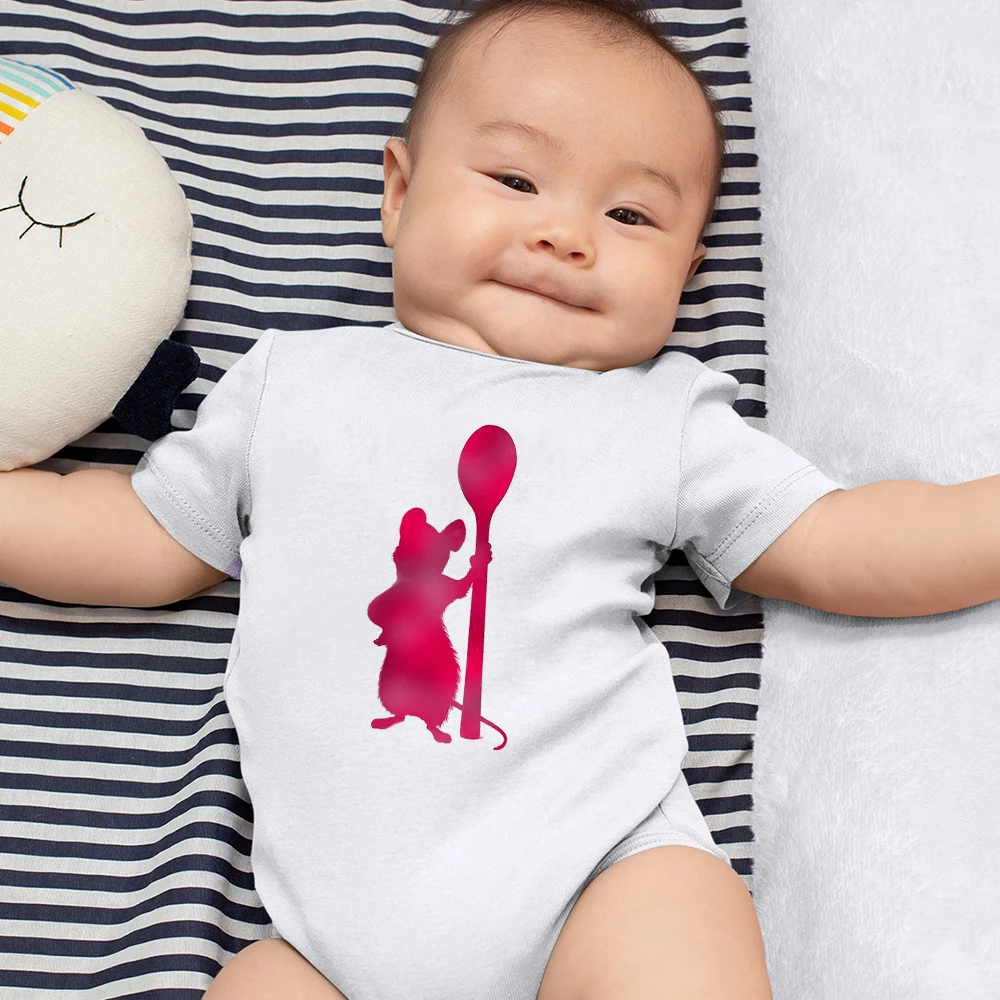 

Creativity White Disney Infant Romper Short Sleeve Remy Graphic Print Harajuku Style Ratatouille Series Baby Girl Boy Onesie