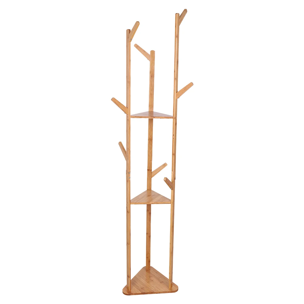 Bamboo Coat Rack Tree Cloth Hanger 9 Hooks 3-Layer Shelf Stand Hallway Living Room for Hat,Clothes,Scarves,Handbags,Umbrella