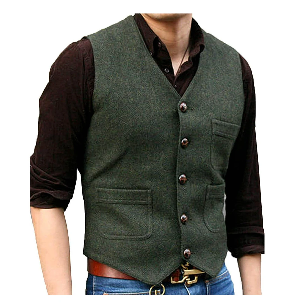 

V Neck Men's Suit Vests Herringbone Wool Tweed Double Breasted Waistcoat Tuxedo Groomsmen For Wedding