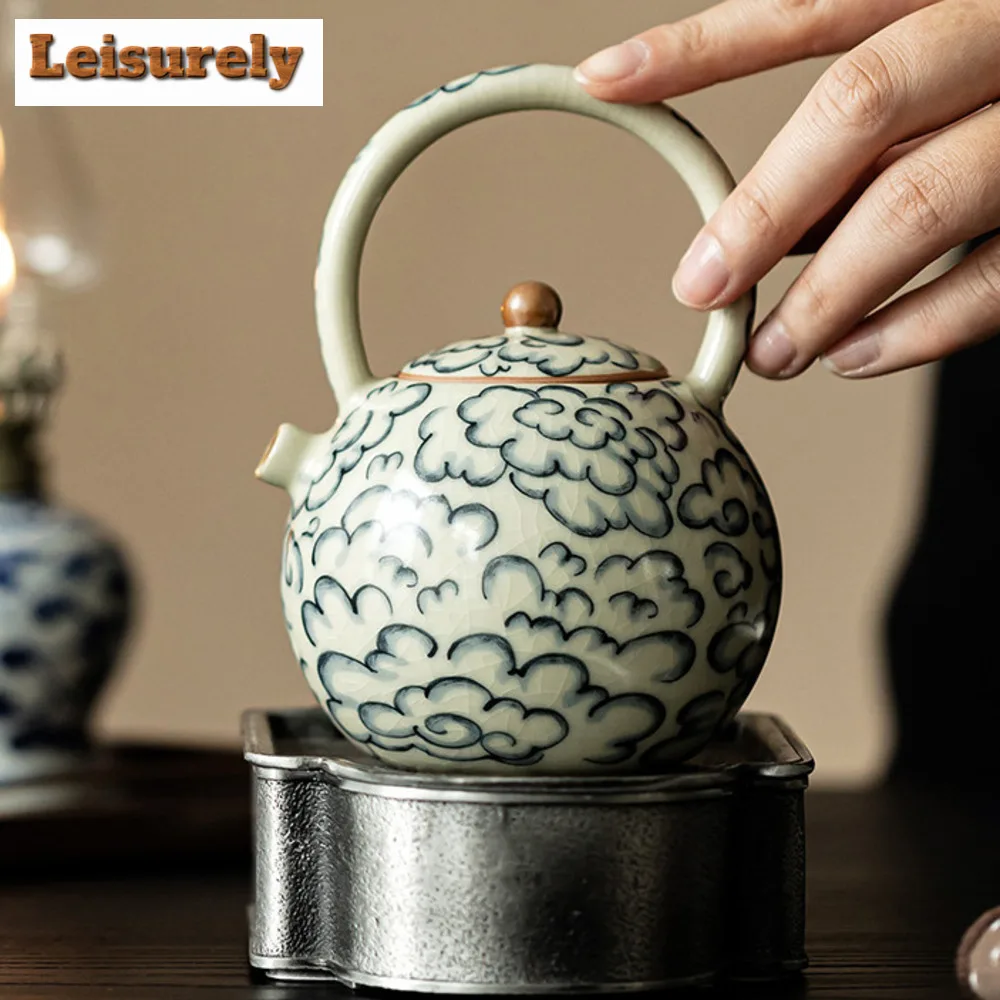 240ml Chinese Ru Porcelain Lifting Beam Teapot Boutique Auspicious Clouds Pot Tea Soaking Kettle Puer Tea Ceremony Ornaments