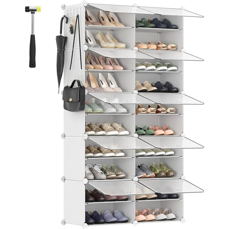 

10 Cubes Shoe Organizer with Doors, 40 Pair Plastic Shoe Storage Cabinet, for Bedroom, Entryway, Steel Frame, Plastic Panel