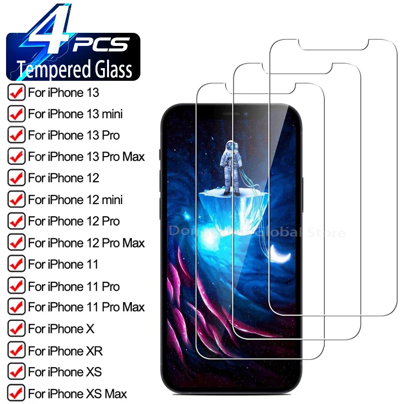 4 шт. закаленное стекло для iPhone 11 12 13 Pro Max Защита экрана X Xr Xs 7 8 6 S Plus 5 SE2020 с полным