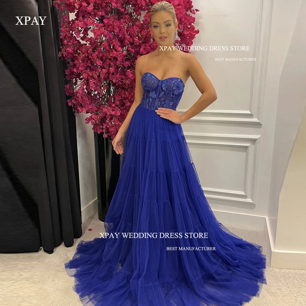 

XPAY Sweetheart Tulle Tiered Long Prom Evening Dresses Royal Blue Wedding Party Lace Applique Special Occasion Gowns Elegant