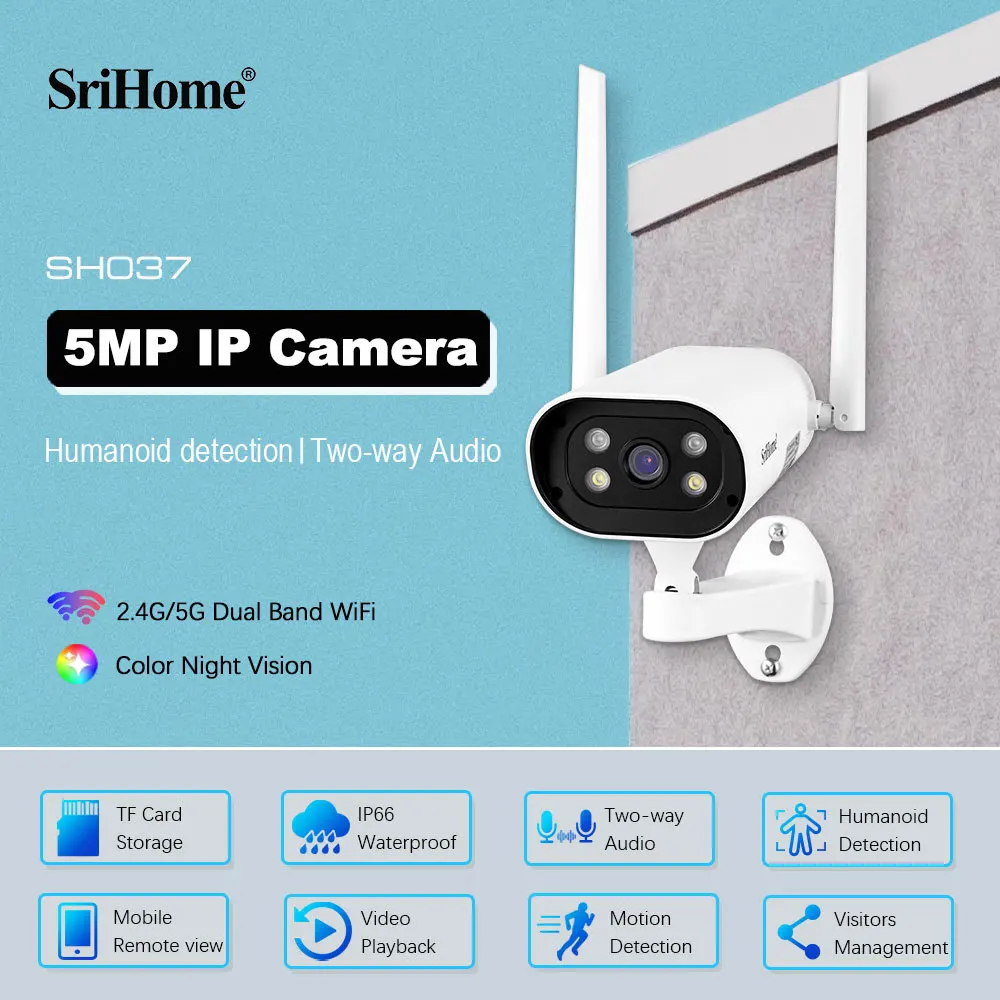 

SriHome SH037 PTZ IP Camera 5G WiFi Human Detection Audio P2P Security Protection Video Surveillance Camera Outdoor Cam