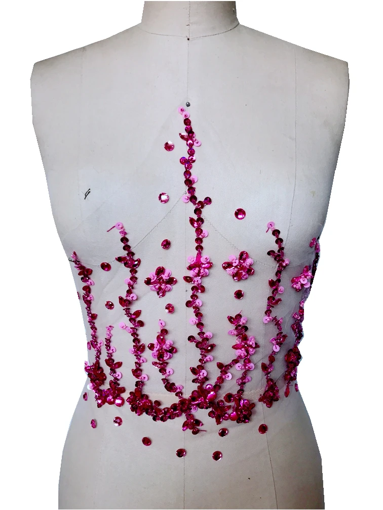 Handmade Pink Sew On Rhinestones Applique Crystals Patches 32*31cm Trim