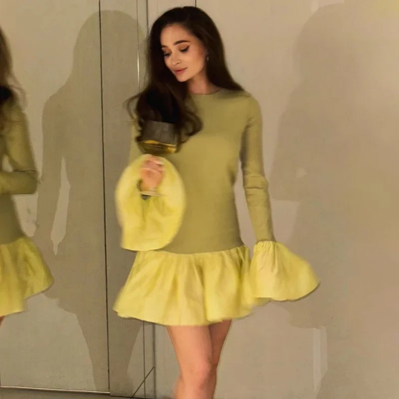 Knitted Mini Dress Female Long Sleeves Gown Flare Sleeves Spliced Autumn Winter Dress A-Line Sweet Bodycon Women Clothes