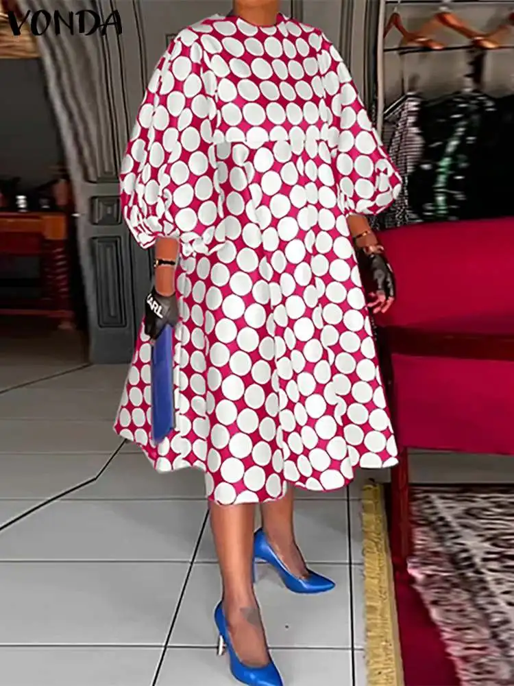 

Women Office Dress 2023 Elegant Printed Midi Sundress VONDA Sexy Round Neck Polka Dot Party Knee Length Dress Fashion Robe Femme