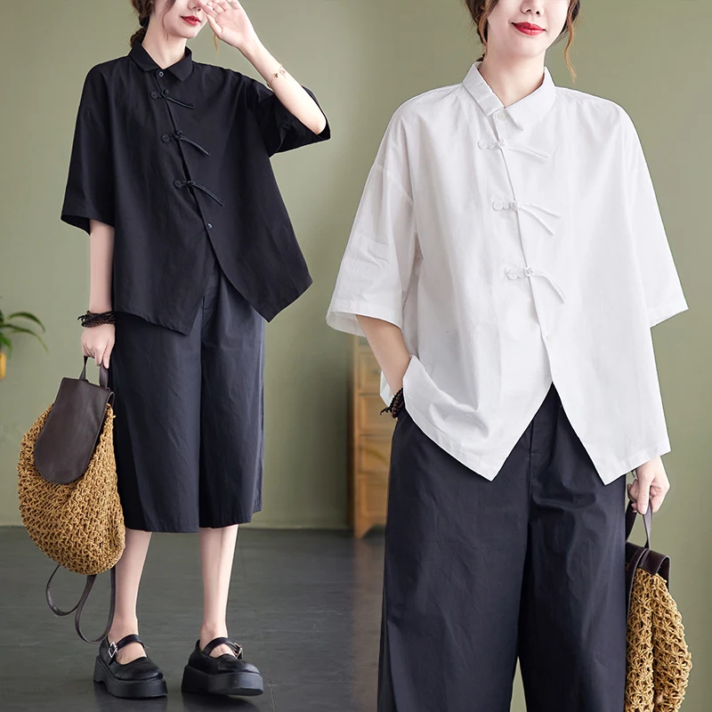 

Large Size Women's Summer Hem Irregular Slit Short Sleeve Shirt Pure Color All-Matching National Style Top