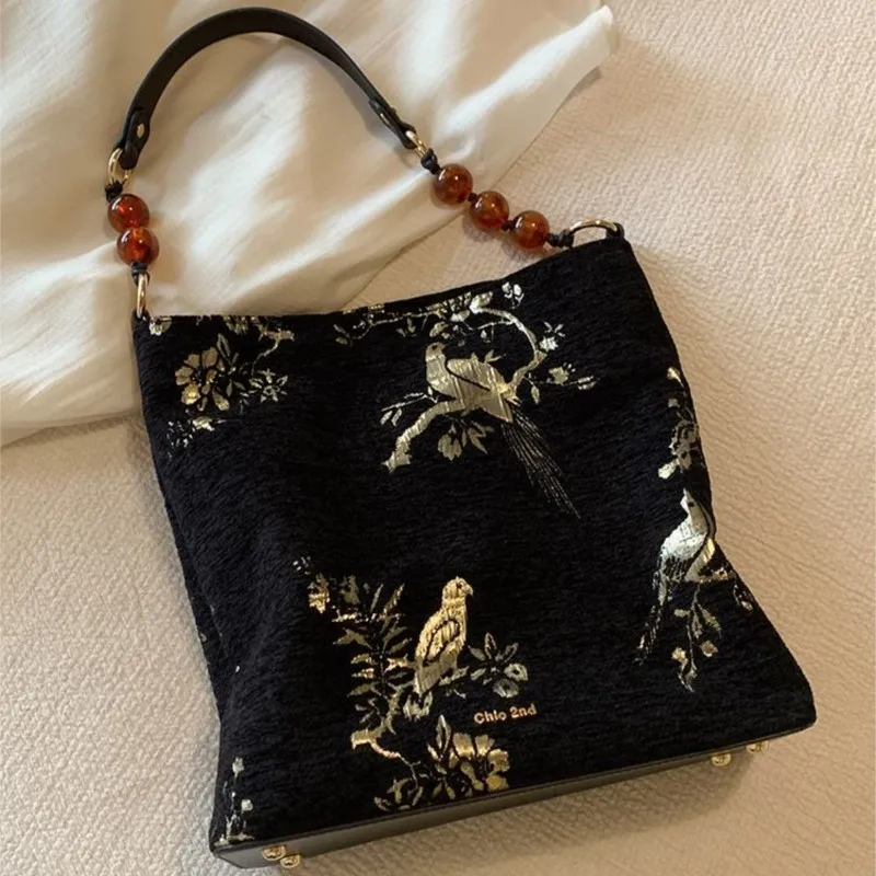 Vintage Landscape Embroidery Black Handbag Women Ethnic Large Capacity Beaded Shoulder Bags Ladies Elegant Premium Crossbody Bag