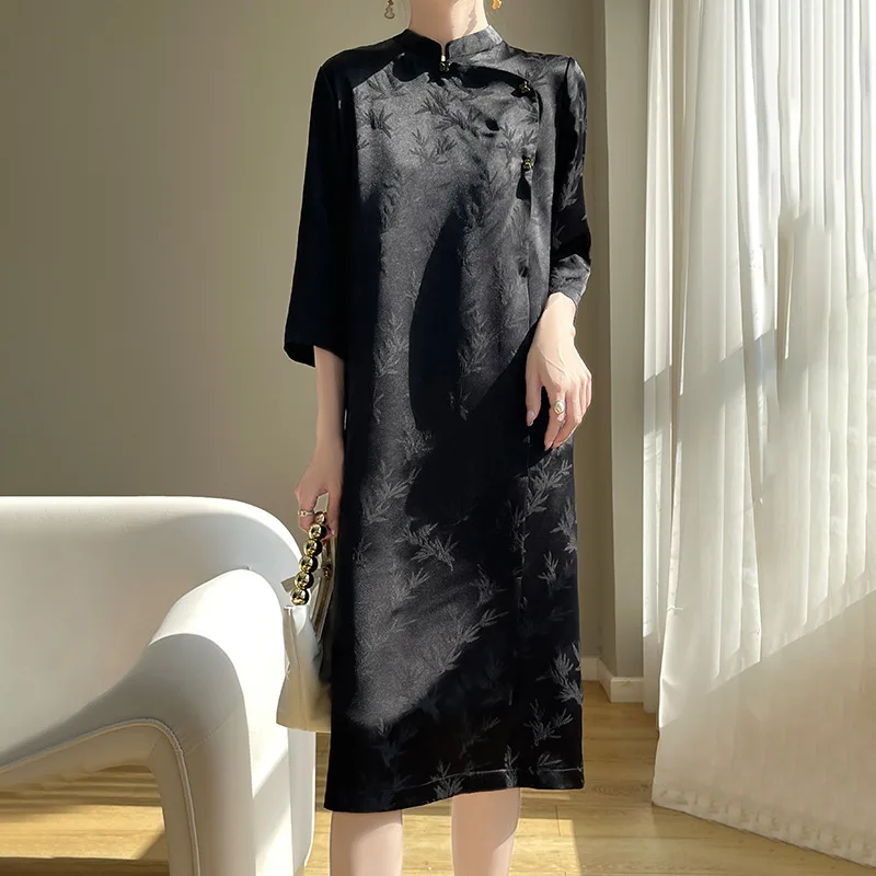 

Женское жаккардовое платье с атласной отделкой, платье в китайском стиле с рукавом средней длины и воротником-стойкой, платье для весны и лета