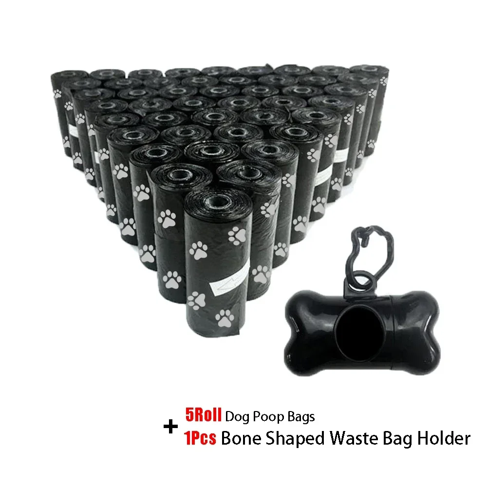 Dog Poop Bag Dispenser Disposable Pet Poop Bags Dog Poop Bag Bone Dispenser with Leash Clip 5Roll(75Pcs) Bags