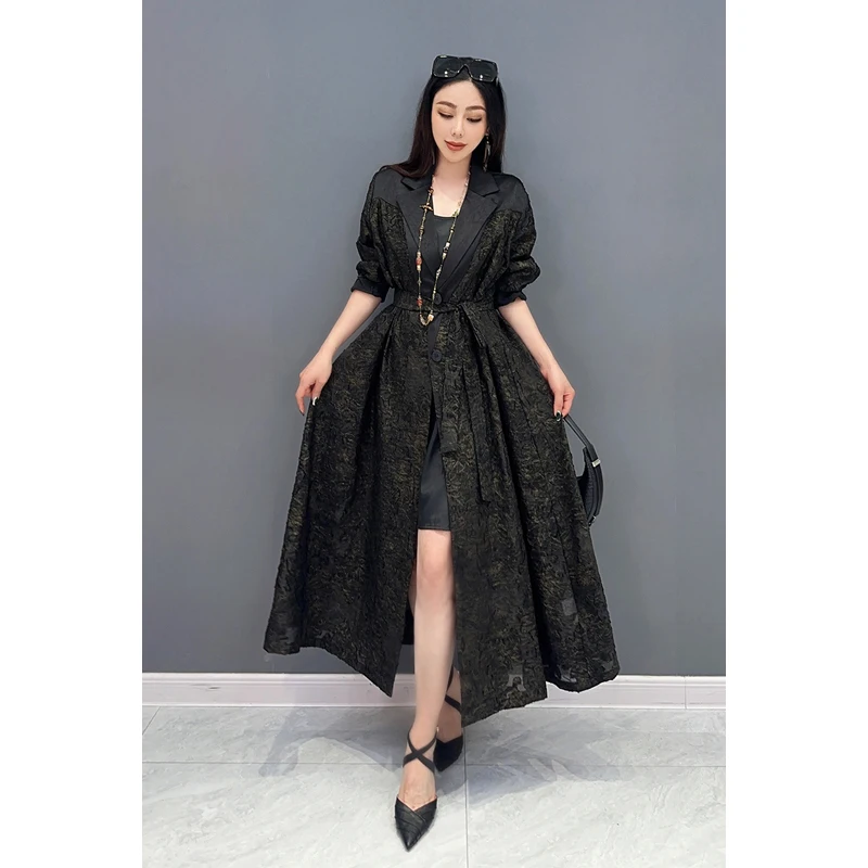 

2024 spring and autumn new long trench coat lace splicing lace-up thin long coat dress with casual fashion women