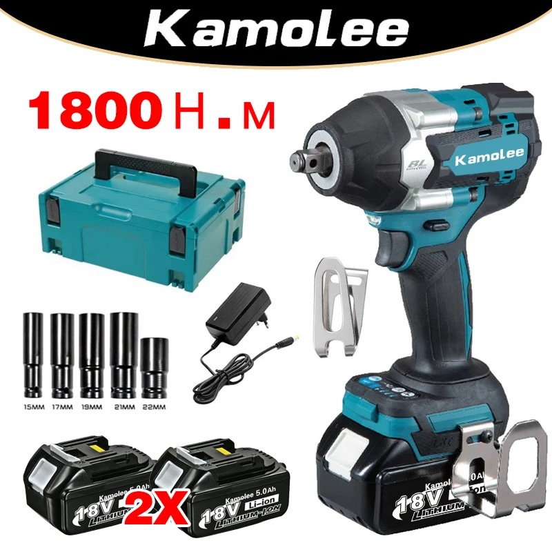 Kamolee Tool 1800Nm High Torque Brushless 1/2 Inch Impact Wrench DTW700 (2 Batteries + Tool Box)
