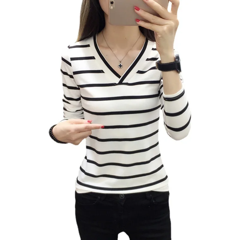Women Striped V Neck Long Sleeve T Shirts