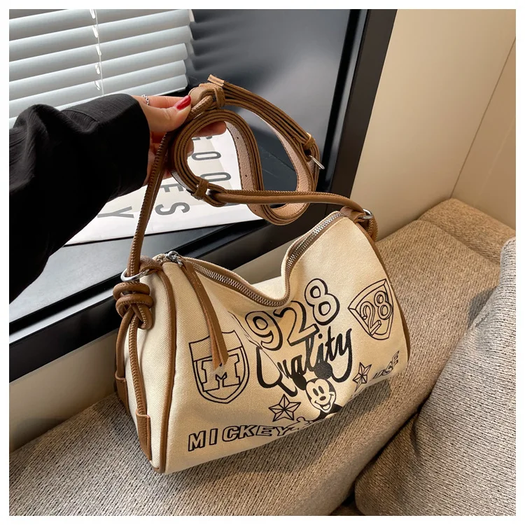 Large Capacity Cartoon Mickey Print Canvas Bag Women's Bag 2024 New Casual Shoulder Bag Simple Contrast Color Crossbody Bags