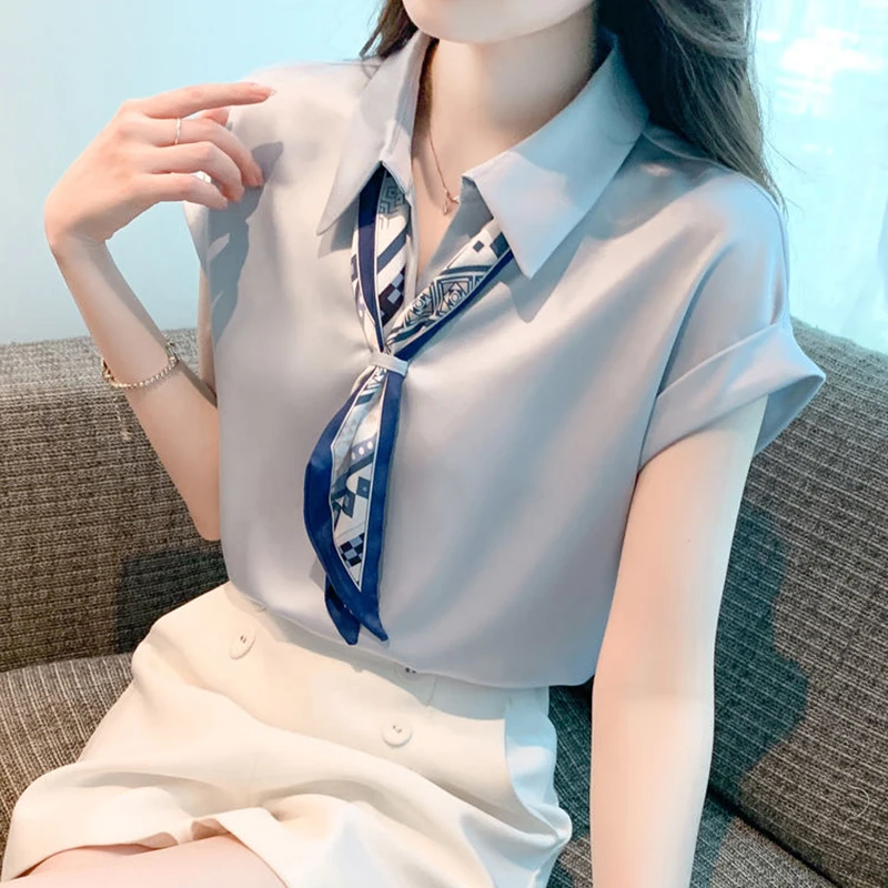 Elegant Lapel Solid Color Lace Up Chiffon Blouses Women's Clothing 2024 Summer New Loose Office Lady Tops All-match Shirts
